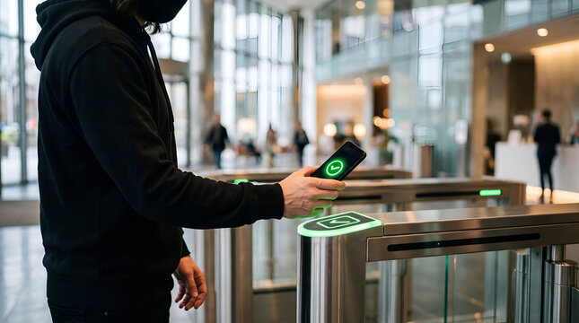 Man scanning digital ticket on smartphone at security turnstile gate in office building