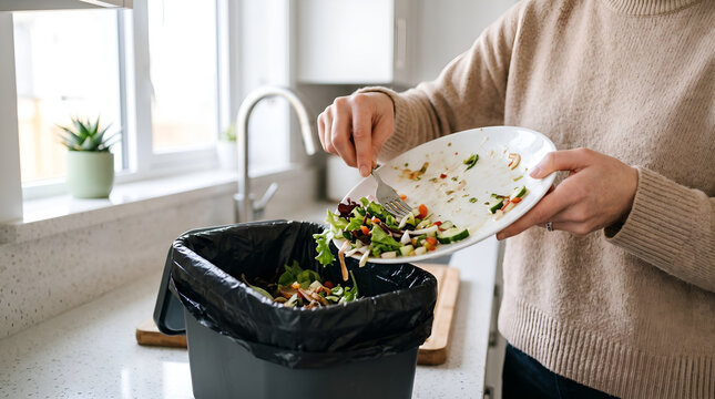 Woman scraping leftover salad into compost bin on kitchen counter