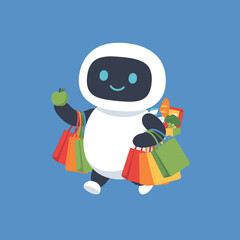 Obraz premium Cute AI Robot Character Holding Fresh Apple and Colorful Grocery Bags for Smart Shopping Assistant Concept