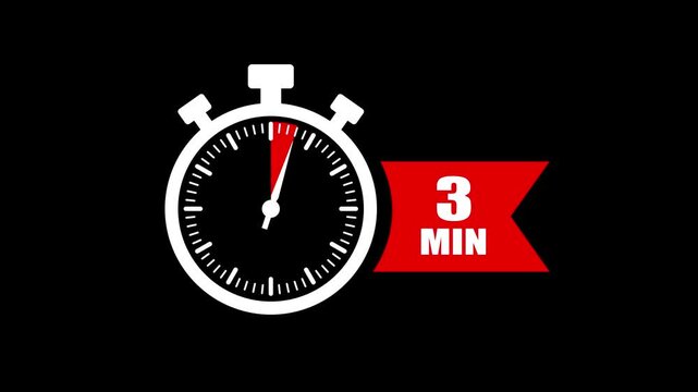 3 minute timer countdown stopwatch animation. Clock icon with 3 minute timer. 3 minute countdown timer clock icon animation. 3 min clock icon animation. Timer, clock, stopwatch icon with 3 min.