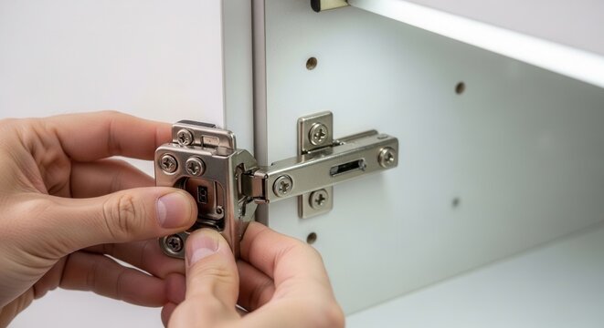 Assembling Furniture With Cabinet Door Hinges A Close Up Detail Of Hands Installing Hardware