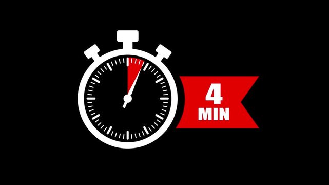 4 minute timer countdown stopwatch animation. Clock icon with 4 minute timer. 4 minute countdown timer clock icon animation. 4 min clock icon animation. Timer, clock, stopwatch icon with 4 min.