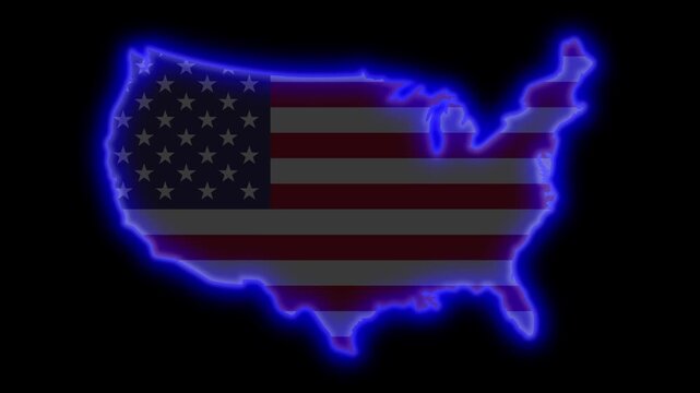 USA map outline neon glow with national flag background