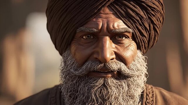 Authentic Close-up Portrait of a Wise Elderly Sikh Man with a Traditional Brown Turban and Full Grey