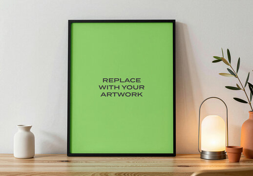 Vertical framed poster mockup with placeholder displayed on a wooden surface, interior wall art presentation lamp, plant, and vase, design, blank