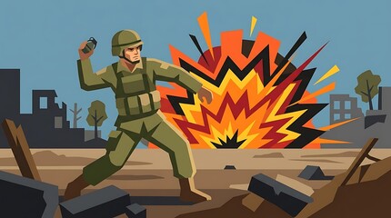 Fototapeta premium Dynamic Military Combat Scene Depicting Explosive Battlefield Action with a soldier engaging in intense conflict amid debris and