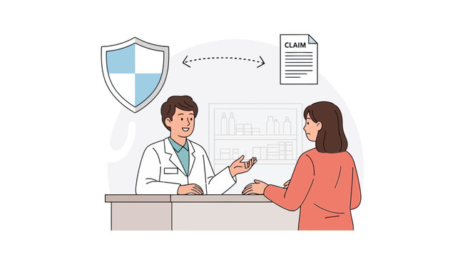 Pharmacist assisting customer with insurance claim, healthcare concept