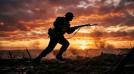 Fototapeta premium soldier in silhouette advancing through battlefield during a dramatic sunset with intense skies and fiery hues capturing a