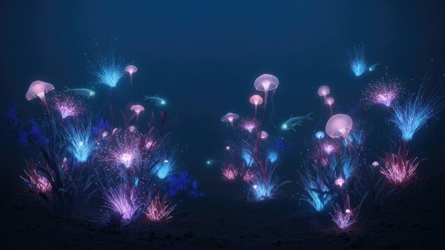 Bioluminescent sea plants and glowing fish in dark ocean water.
