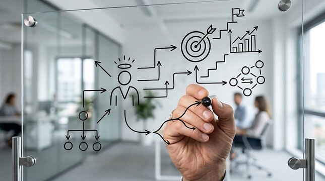 Hand drawing a business strategy flowchart on a glass wall in a modern office.