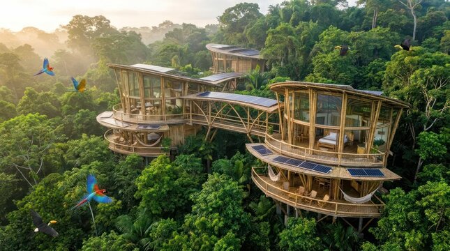 Sustainable eco-treehouses with solar panels in tropical jungle forest.