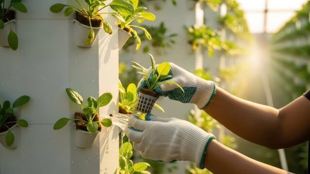 Farmer planting green seedling in vertical hydroponic system inside modern greenhouse.