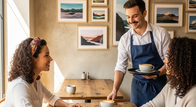 Friendly waiter serving coffee to women in a cozy cafe, creating a welcoming and pleasant atmosphere