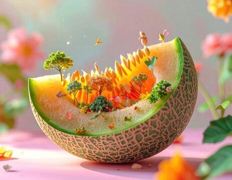 Surreal melon slice with miniature landscape interior.