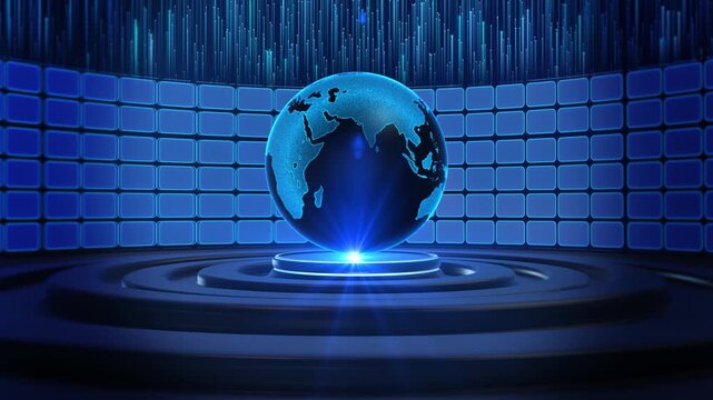 Futuristic digital globe glows technology stage streams information AI computing, secure global , digital commerce, international connectivity, data processing, finance, navigation, emerging networks
