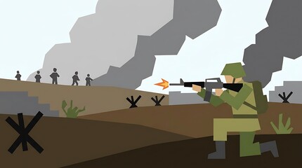Fototapeta premium Military soldier aiming a rifle in a wartime battlefield with smoke clouds and sandbags in a minimalistic illustration