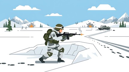 Fototapeta premium military soldier in winter combat gear aiming rifle amidst snowy landscape with mountains and helicopter in background