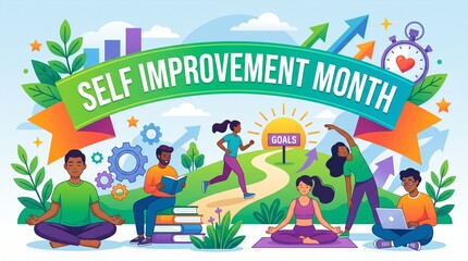 Naklejka premium Self improvement month horizontal vector design featuring people practicing