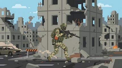 Fototapeta premium military combatant navigating through urban warfare destroyed buildings and rubble amidst war zone chaos