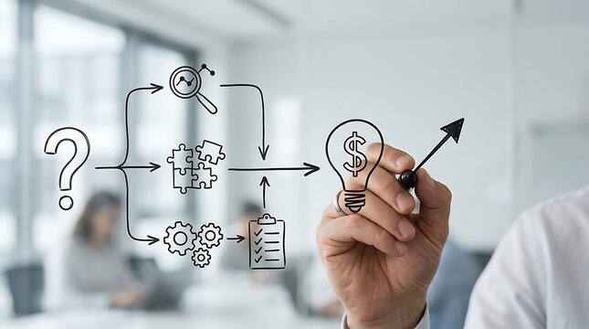 Business person drawing a flowchart of a successful idea generation and implementation process.