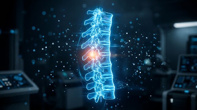 Advanced medical visualization of human spine highlighting lumbar disc herniation in a clinical environment