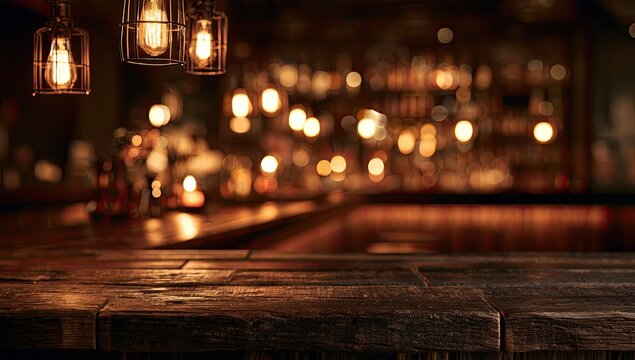 Warm glow of a dimly lit bar with a rustic wooden counter