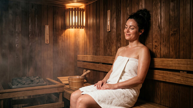 Serene young woman relaxing wrapped in a white towel inside a cozy, steamy wooden traditional sauna at a luxury spa resort.