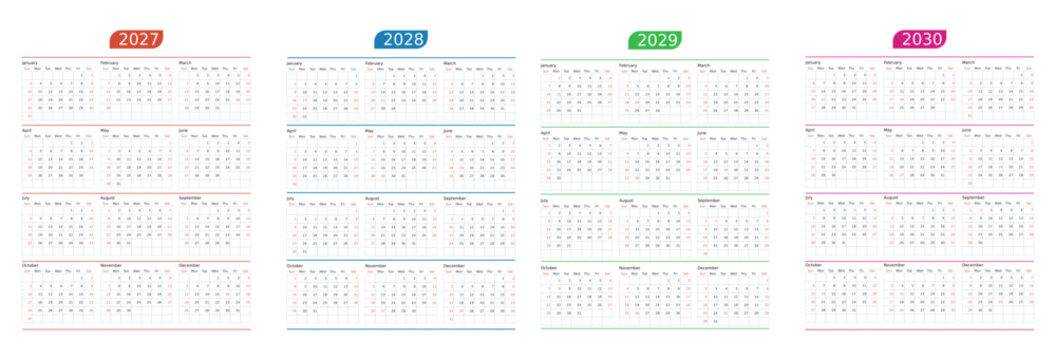Yearly calendars 2027 to 2030