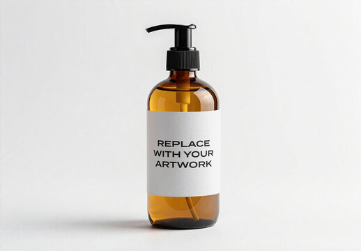 Glass bottle mockup with black pump dispenser and label placeholder, product packaging presentation on neutral studio background, branding template for cosmetic or skincare