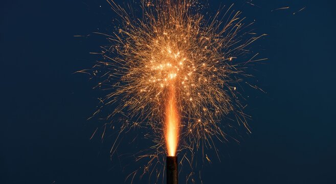 Bright sparks erupt from a single dark tube against a deep blue sky
