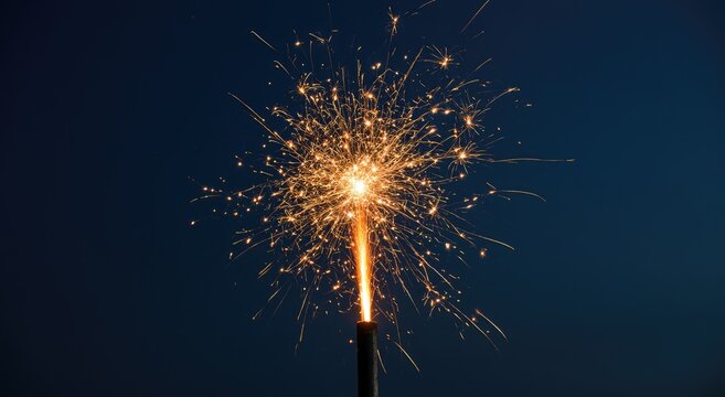 A single sparkler illuminates a dark sky with bright, fiery embers