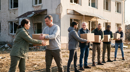 Fototapeta premium Volunteers distribute aid boxes to people in front of damaged building