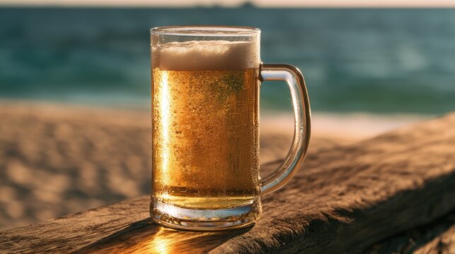 Frothy, golden ale in a glass mug rests on weathered wood at the beach