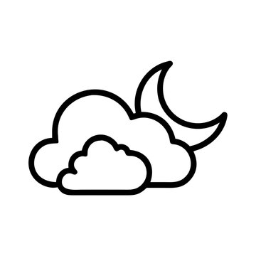 Cloudy night sky with moon and fluffy clouds outline weather vector.