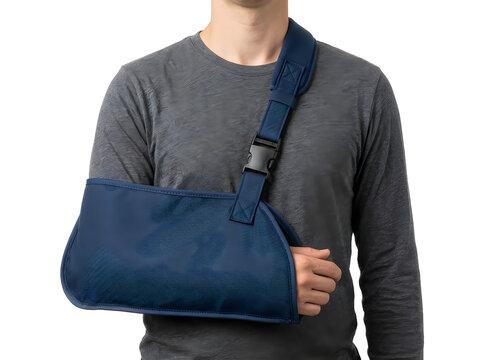 blue medical arm sling on grey male torso mannequin isolated on transparent background