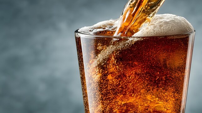 Close-up of soda being poured into glass with rich foam