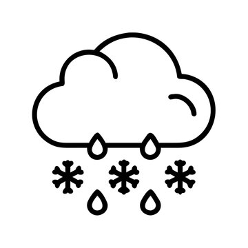 Rain and snow cloud icon with snowflakes and droplets weather vector.