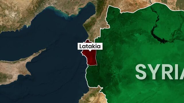 Animated map highlights Latakia region within Syria, satellite view video footage