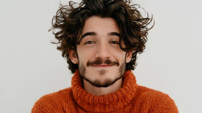 Man in orange sweater smiling against white background
