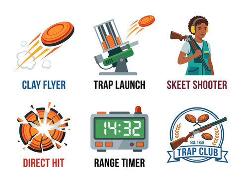 Clay target shooting icons and badges set including skeet shooter, trap launcher, flying and shattered clay pigeons, timer, and club logo.