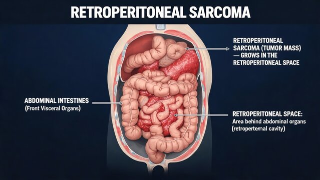 Retroperitoneal sarcoma medical anatomical illustration, abdominal tumor location diagram