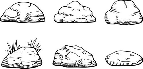 Collection of six hand-drawn rock in black and white © Ripa_Moni