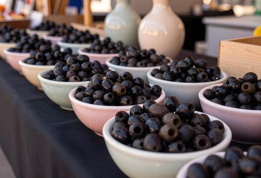 Mediterranean diet and healthy eating, black olives in colorful bowls at a market stall, fresh produce and gourmet food