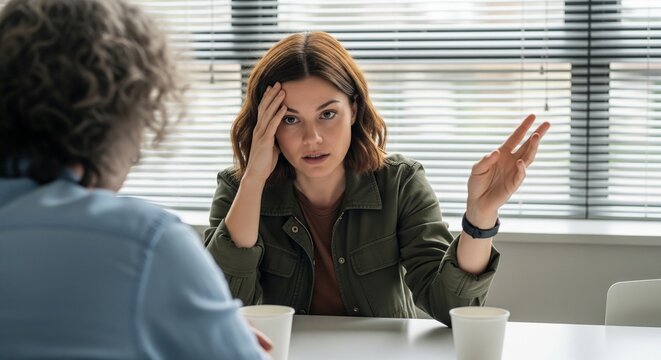 Frustrated woman with hand on forehead talking to someone across a table in an setting