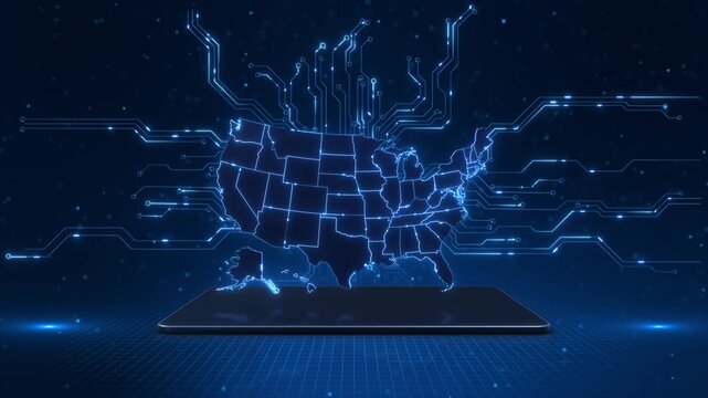 High-tech USA map surrounded by illuminated circuits and data connections, ideal for cybersecurity, artificial intelligence, cloud computing, digital transformation and national technology concepts.
