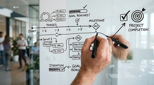 Business professional drawing a project plan flowchart on a glass wall in an office.