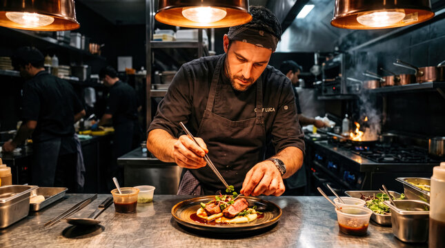 Professional chef plating gourmet dish in a busy restaurant kitchen