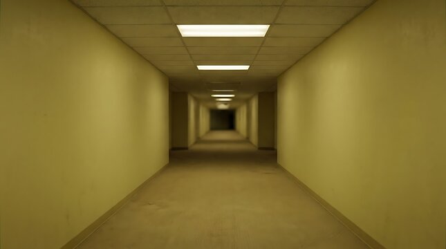 An endless empty yellow office hallway with fluorescent lights creating a mysterious and eerie atmosphere in a liminal space setting