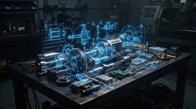 Holographic mechanical schematics over industrial machinery parts on