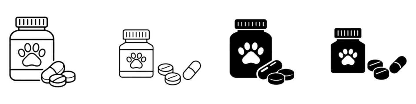 Black and white pet vitamin icon set in multiple styles for animal health, nutrition, caring and UI.
